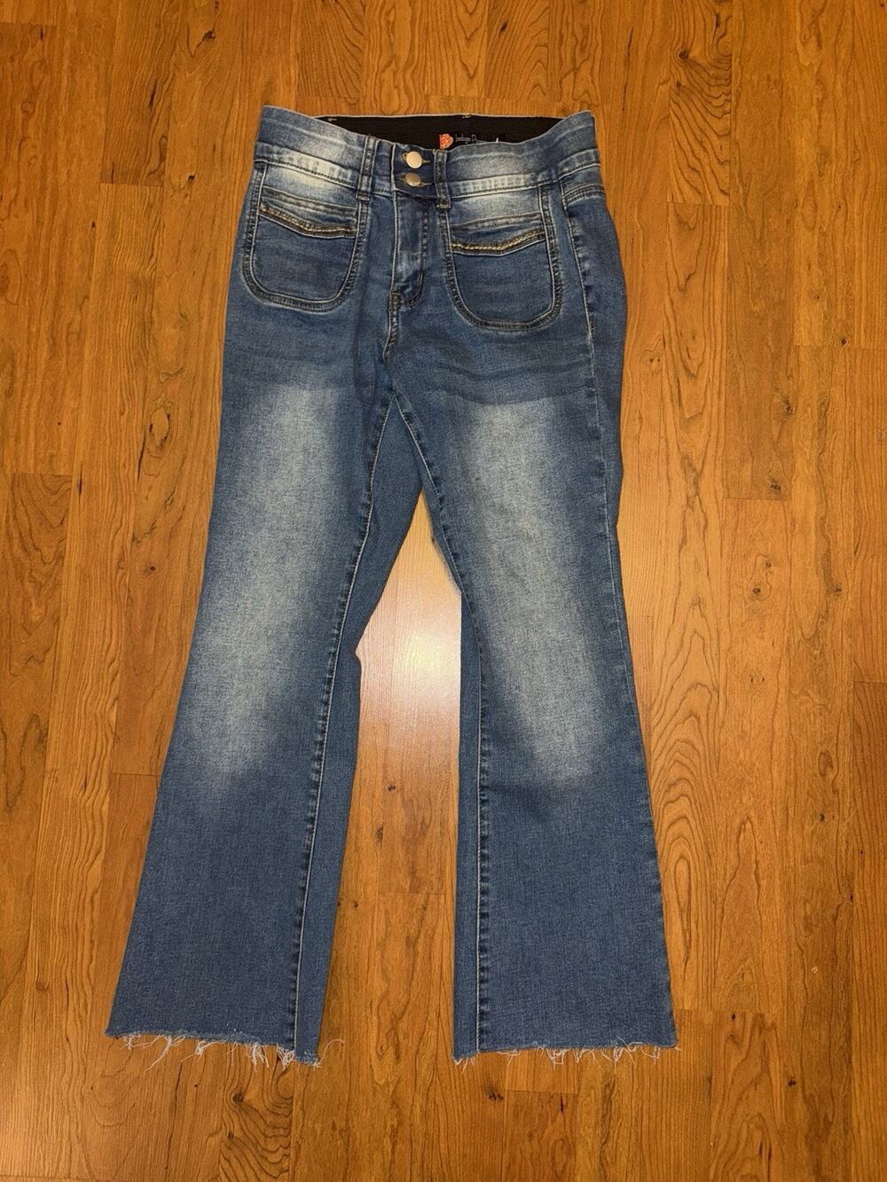 Indigo Poppy Jeans Womens 4 Blue Bootcut Raw Hem Stretch Denim Distressed Flare